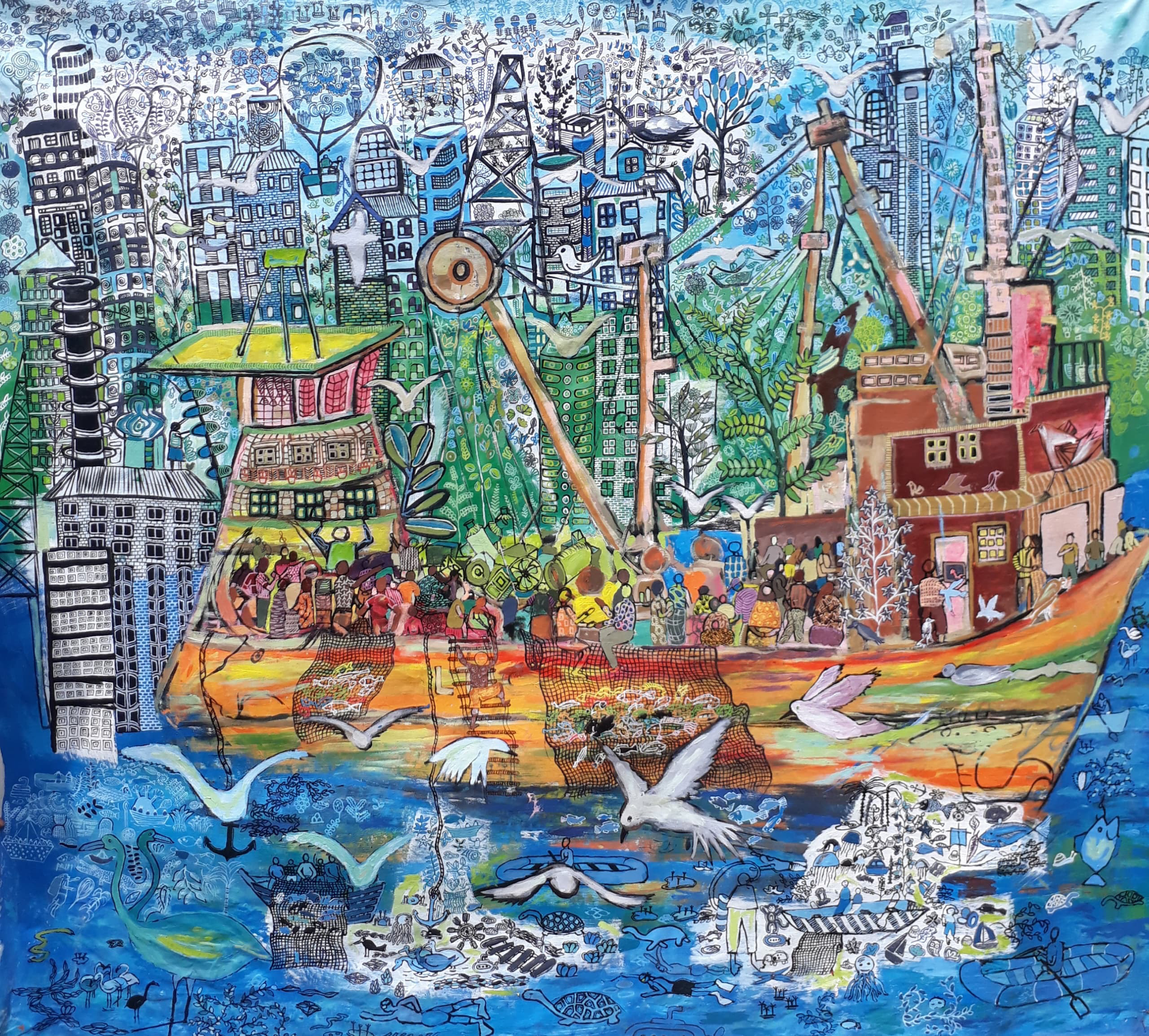 John Bosco Muramuzi, Sailing on Village Waters, 2020, acrylic on canvas, 200 x 190 cm