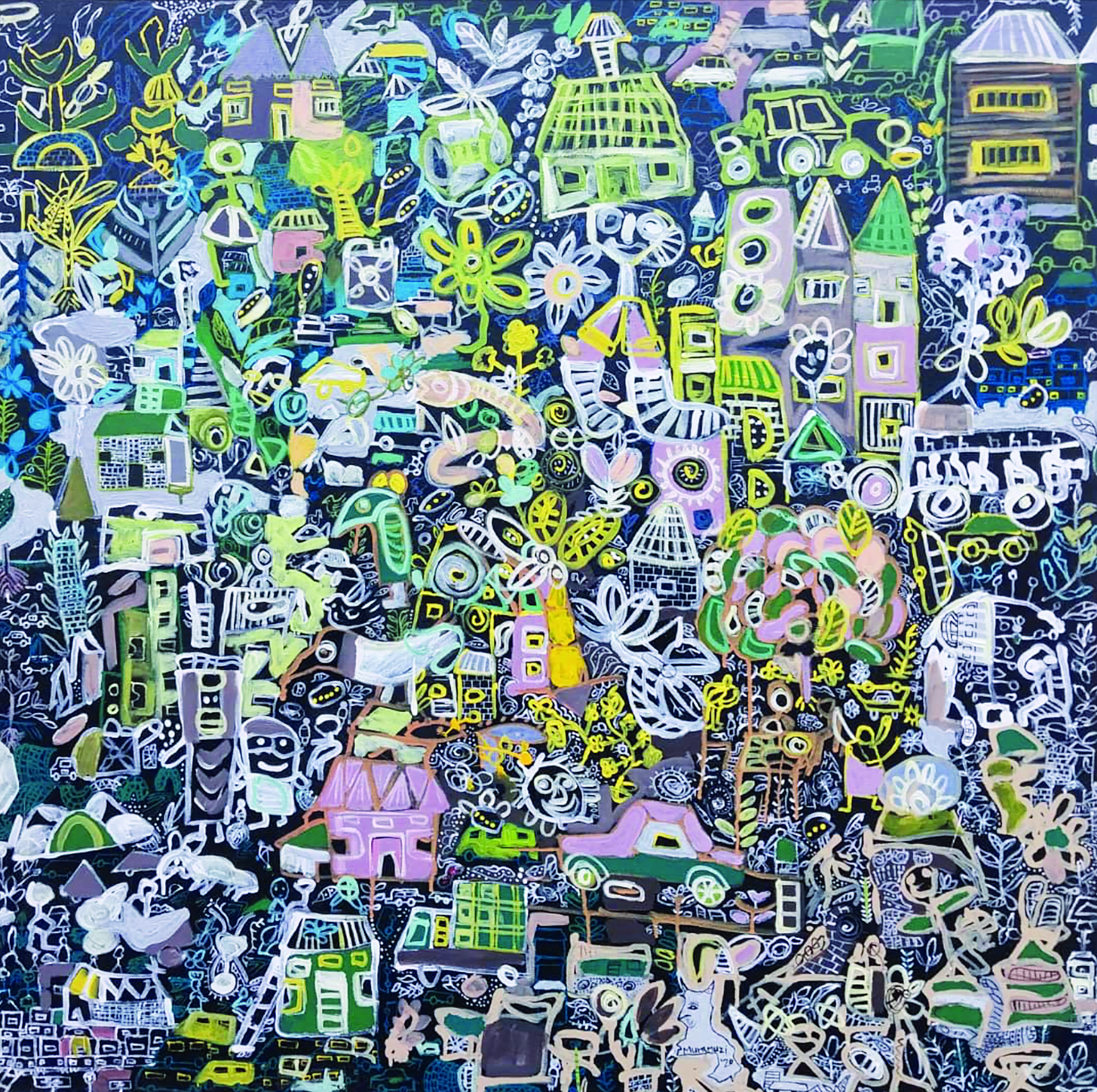 John Bosco Muramuzi, In My Village Compound, 2022, acrylic on canvas, 120 x 120 cm