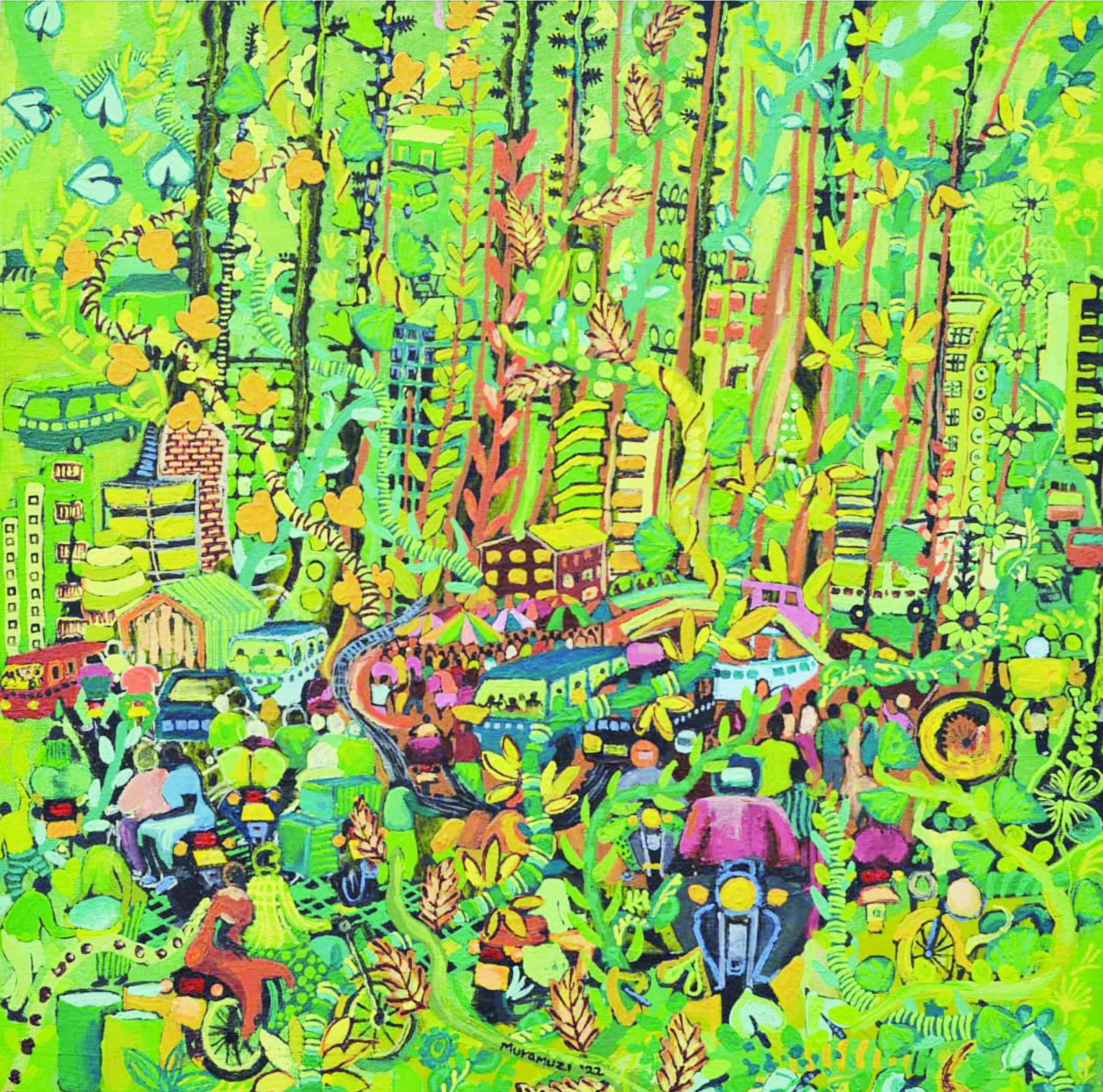 John Bosco Muramuzi, Green Village, 2022, acrylic on canvas, 40 x 40 cm