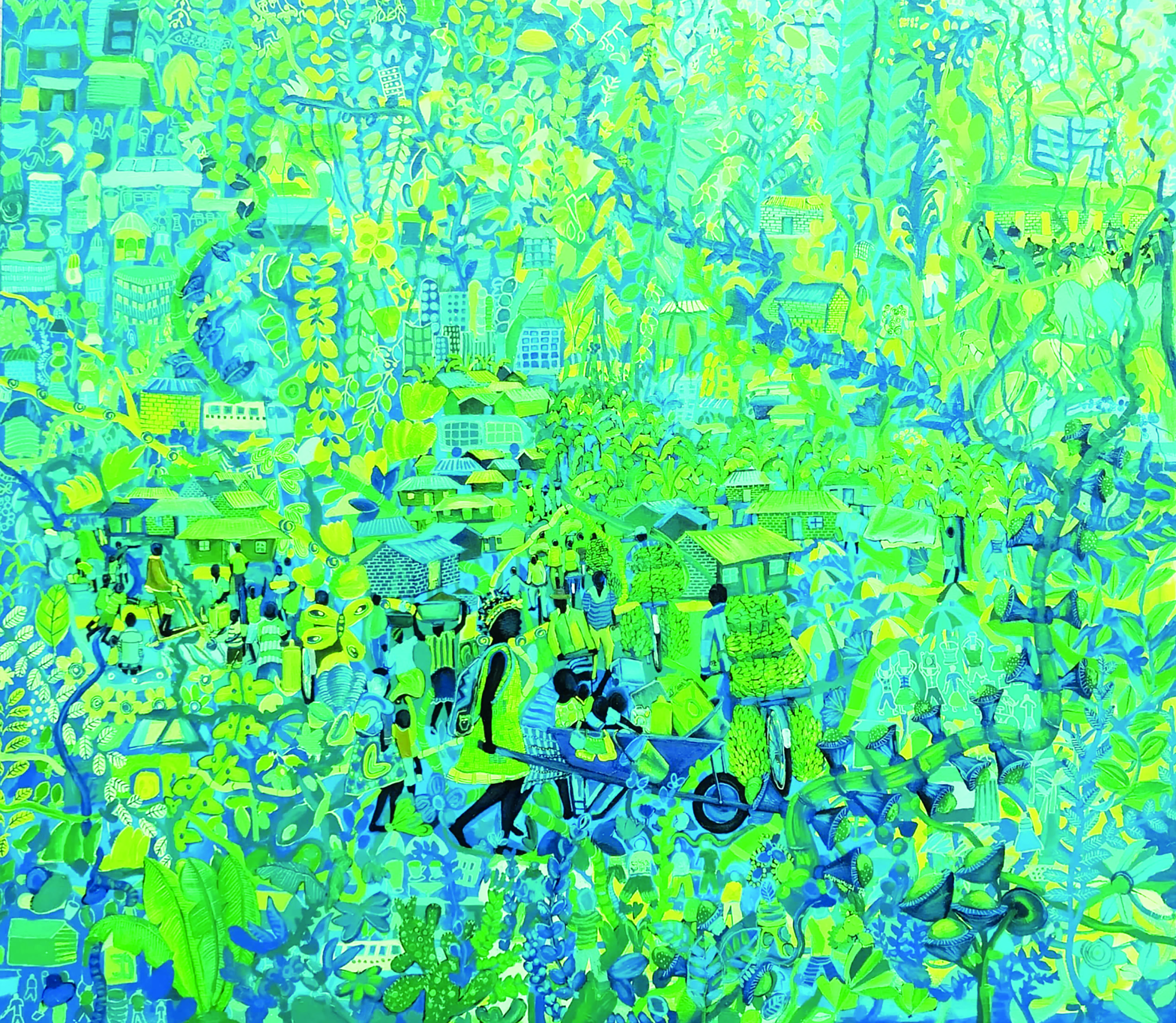 John Bosco Muramuzi, The Village Ride I, 2023, acrylic on canvas, 160 x 140 cm