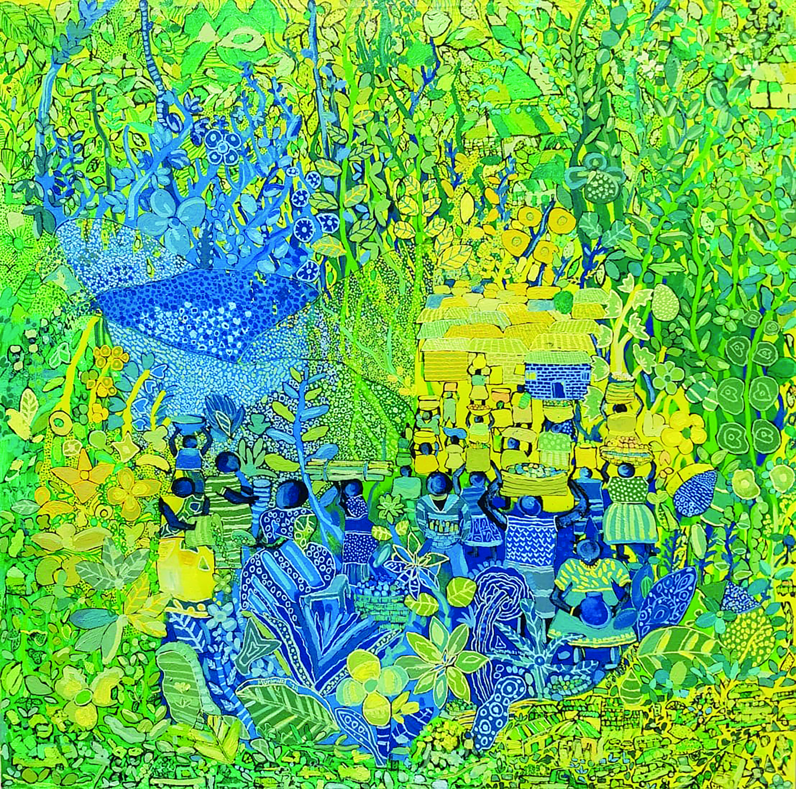 John Bosco Muramuzi, Fruitful Day in the Village Compound, 2024, acrylic on canvas, 100 x 100 cm