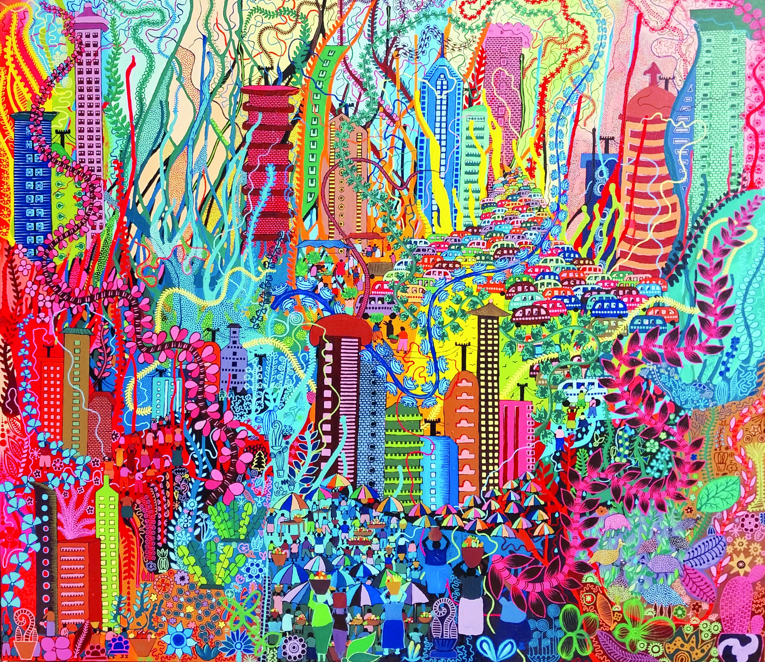 John Bosco Muramuzi, Fruitful Day in the City Compound, 2023, acrylic on canvas, 160 x 140 cm