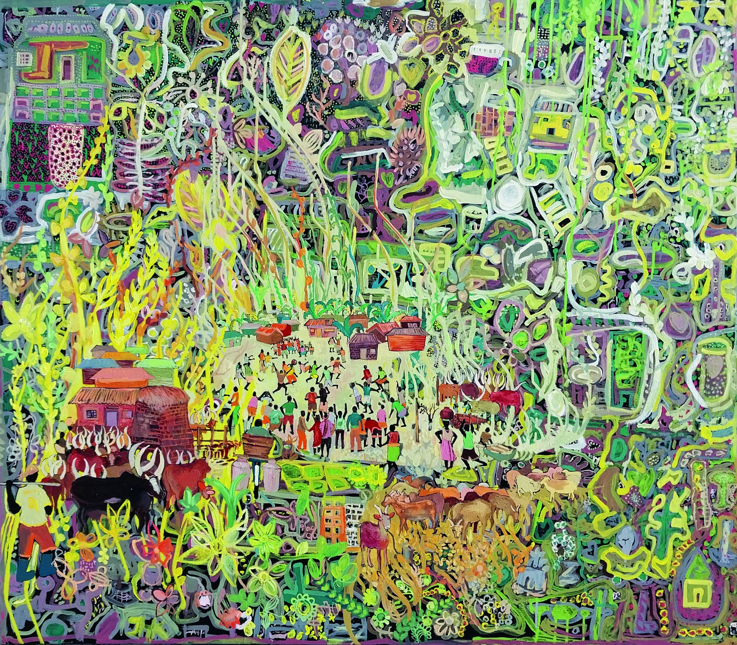 John Bosco Muramuzi, Around the Village Pitch, 2022, acrylic on canvas, 160 x 140 cm