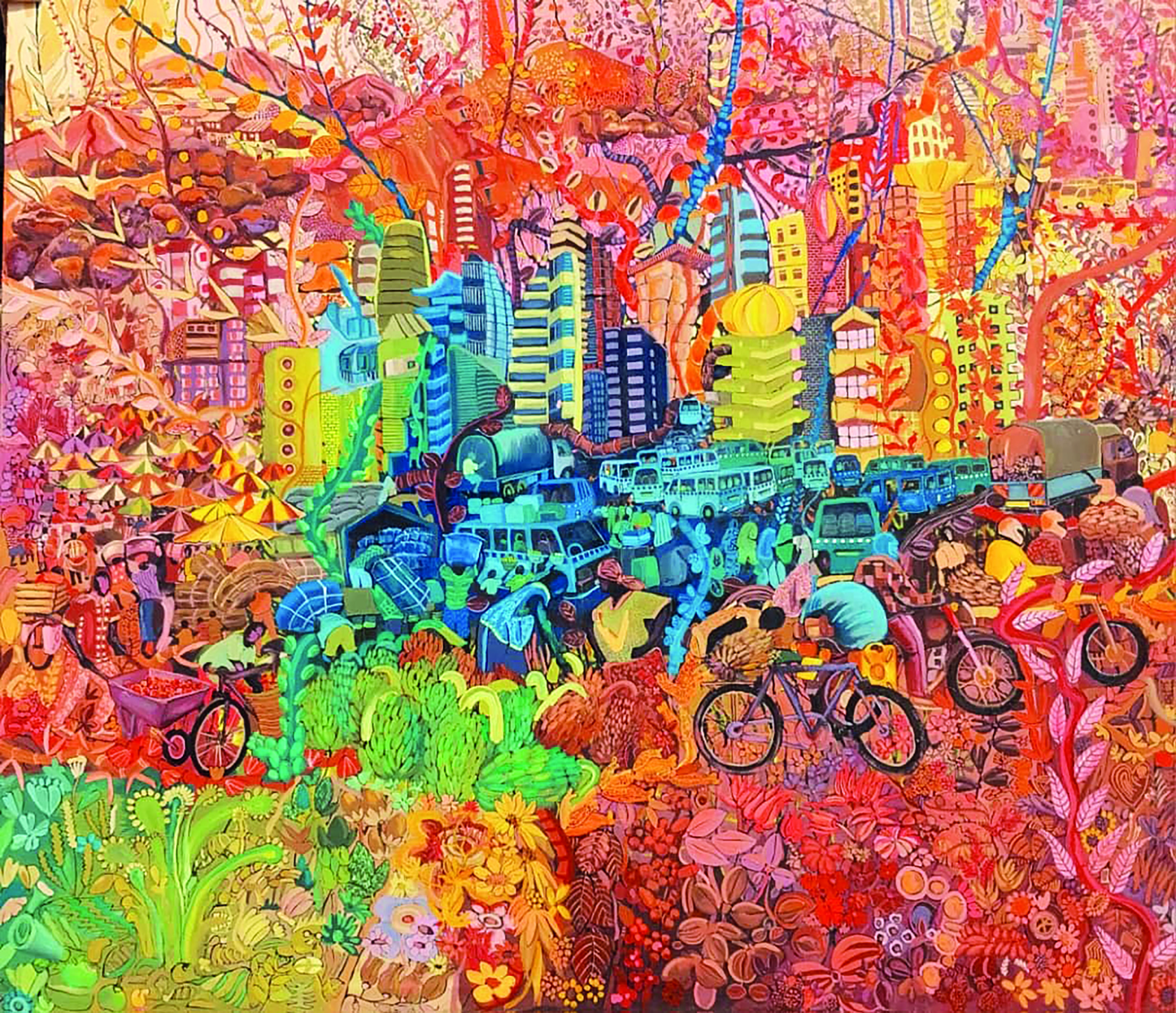 John Bosco Muramuzi, A Brighter Day in the Urban Compound I, 2024, acrylic on canvas, 200 x 170 cm
